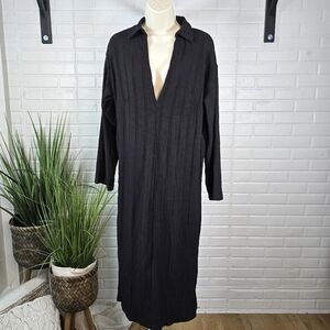 NWT Free People Beach Black Ribbed Midi Maxi Collard Vneck Dress Sz Extra Small